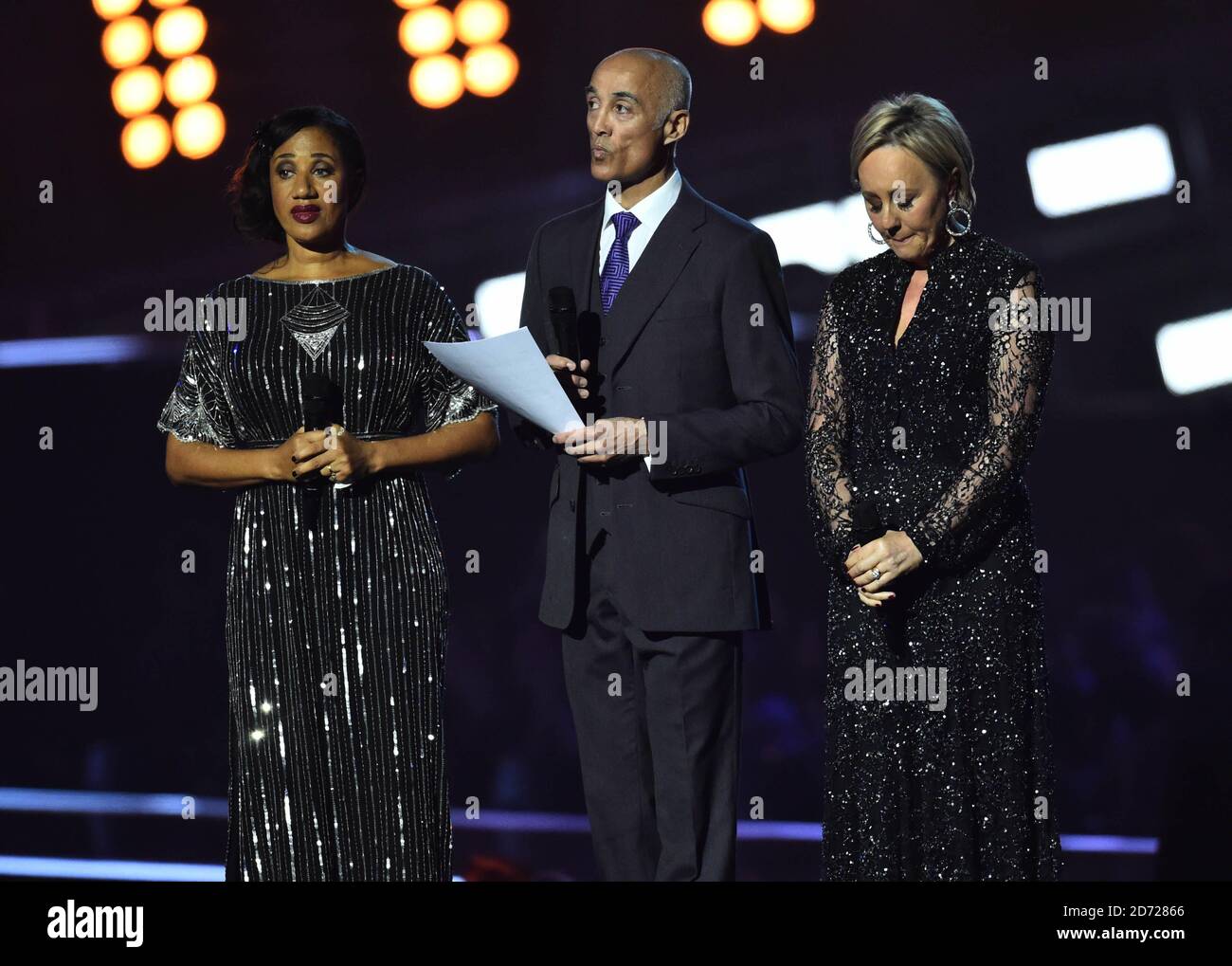 Helen 'Pepsi' DeMacque, Andrew Ridgeley and Shirlie Holliman during the George Michael tribute on stage at the BRIT Awards 2017, held at The O2 Arena, in London.  Picture date Tuesday February 22, 2017. Picture credit should read Matt Crossick/ EMPICS Entertainment. Editorial Use Only - No Merchandise. Stock Photo
