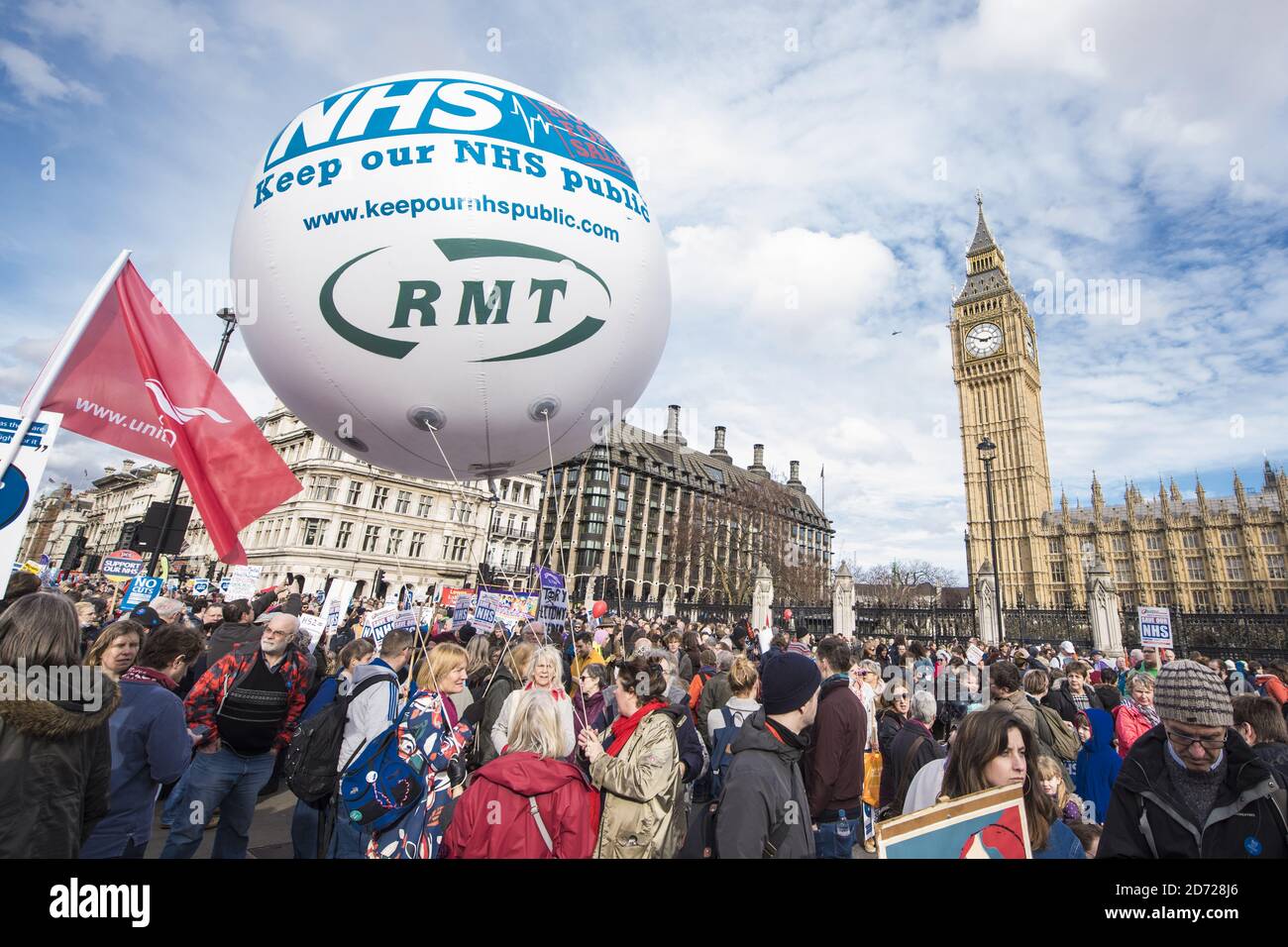 Demonstrators attending a rally in Parliament Square, London, protesting against cuts and underfunding in the NHS. Picture date: Saturday March 4th, 2016. Photo credit should read: Matt Crossick/ EMPICS Entertainment. Stock Photo