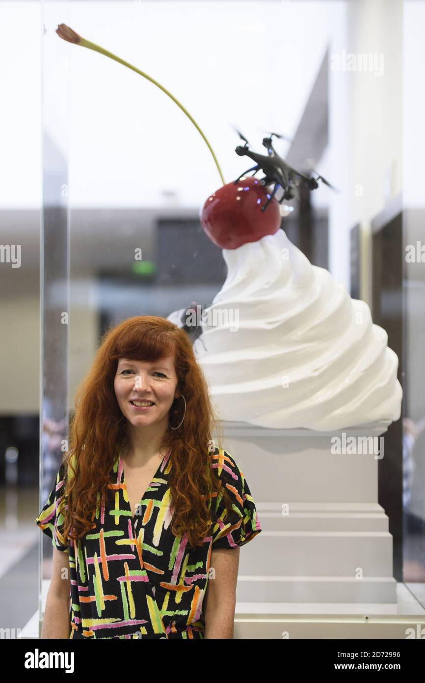 Artist Heather Phillipson, pictured with her work The End, is announced as one of the winners of the next Fourth Plinth Commission, at the National Gallery in London. Picture date: Tuesday 21st March, 2017. Photo credit should read: Matt Crossick/ EMPICS Entertainment. Stock Photo