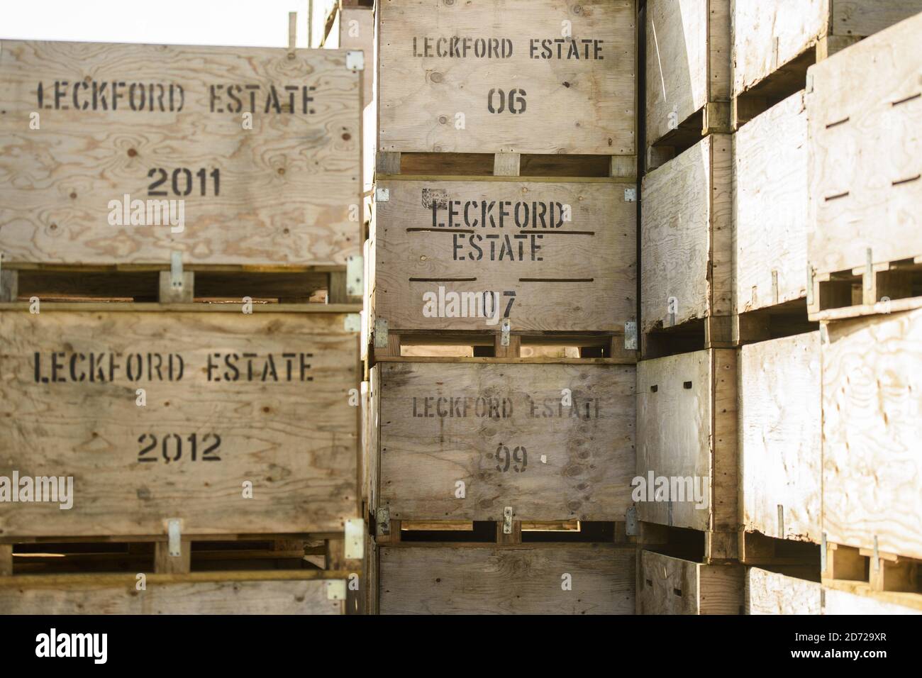 Apple crates on the Leckford Estate in Hampshire. The estate is a 4000 acre working farm, owned and run by Waitrose, and grows produce for their shops in the UK and for export to 56 countries. Picture date: Thursday April 6th, 2017. Photo credit should read: Matt Crossick/Empics Entertainment Stock Photo