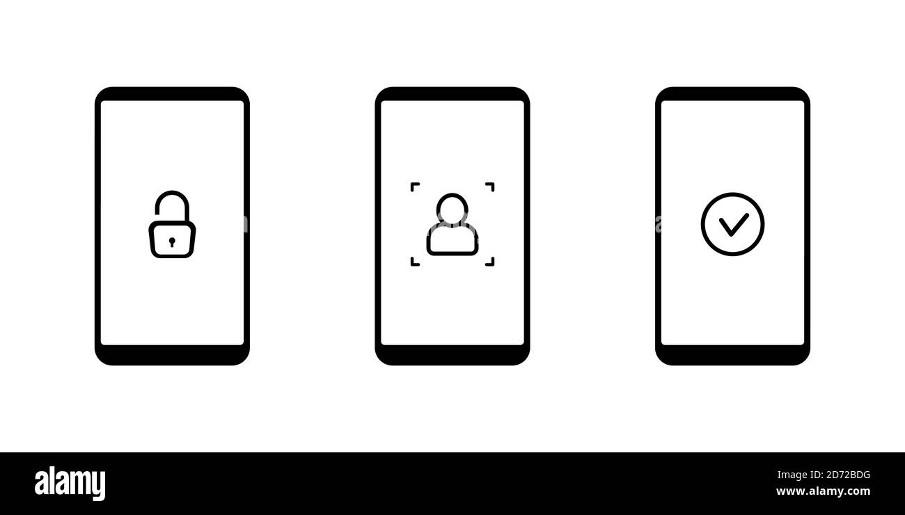 A set of vector icons for step-by-step identification of a person on your phone. Can be used for the user interface, web pages, applications. Stock Vector