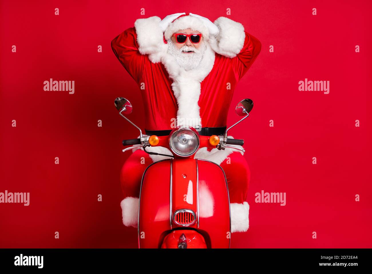 Download Photo Of Retired Grandpa White Beard Ride Carefree Hands Head Smile Make Dangerous Situation Show Off Impress Children Wear X Mas Costume Coat Stock Photo Alamy