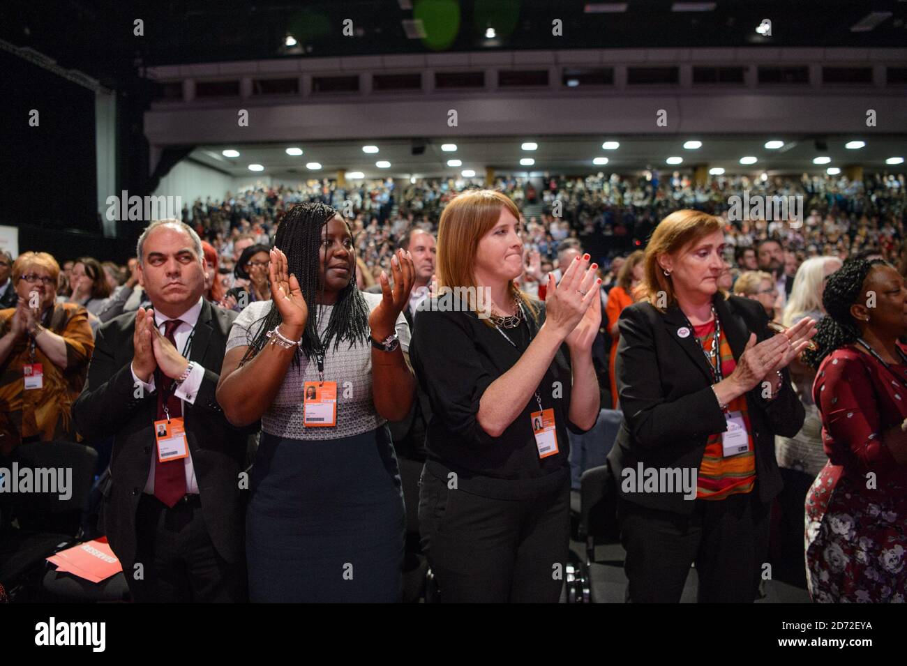 New London Labour MPs (l-r) Bambos Charalambous, Marsha de Cordova and Sarah Jones listen as Mayor of London Sadiq Khan speaks during the Labour Party conference in Brighton. Picture date: Monday September 25th, 2017. Photo credit should read: Matt Crossick/ EMPICS Entertainment. Stock Photo