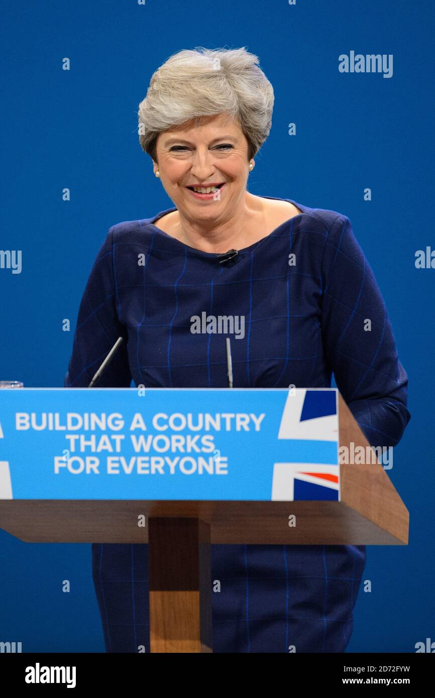 Prime Minister Theresa May speaks at the Conservative Party Conference, at the Manchester Central Convention Complex in Manchester. Picture date: 4 October, 2017. Photo credit should read: Matt Crossick/ EMPICS Entertainment. Stock Photo