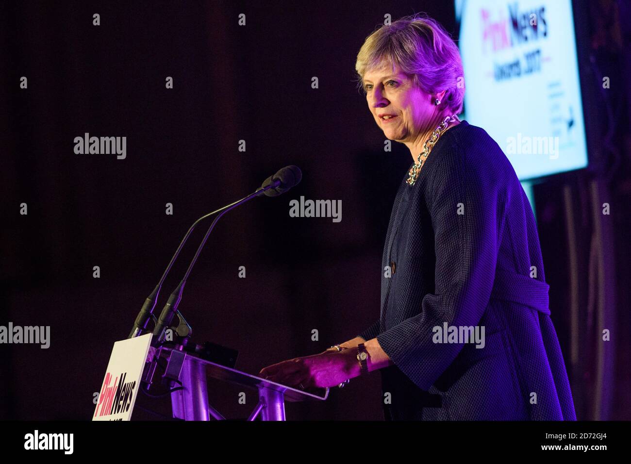 Prime Minister Theresa May gives a speech at the Pink News Awards, at One Street, London. Picture date: Wednesday October 18th, 2017. Photo credit should read: Matt Crossick/ EMPICS Entertainment. Stock Photo