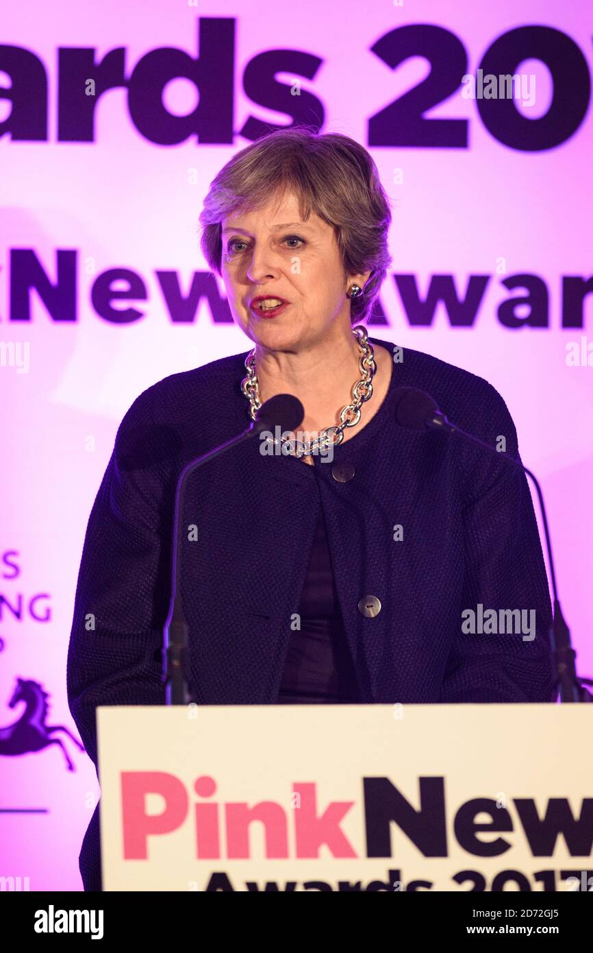 Prime Minister Theresa May gives a speech at the Pink News Awards, at One Street, London. Picture date: Wednesday October 18th, 2017. Photo credit should read: Matt Crossick/ EMPICS Entertainment. Stock Photo