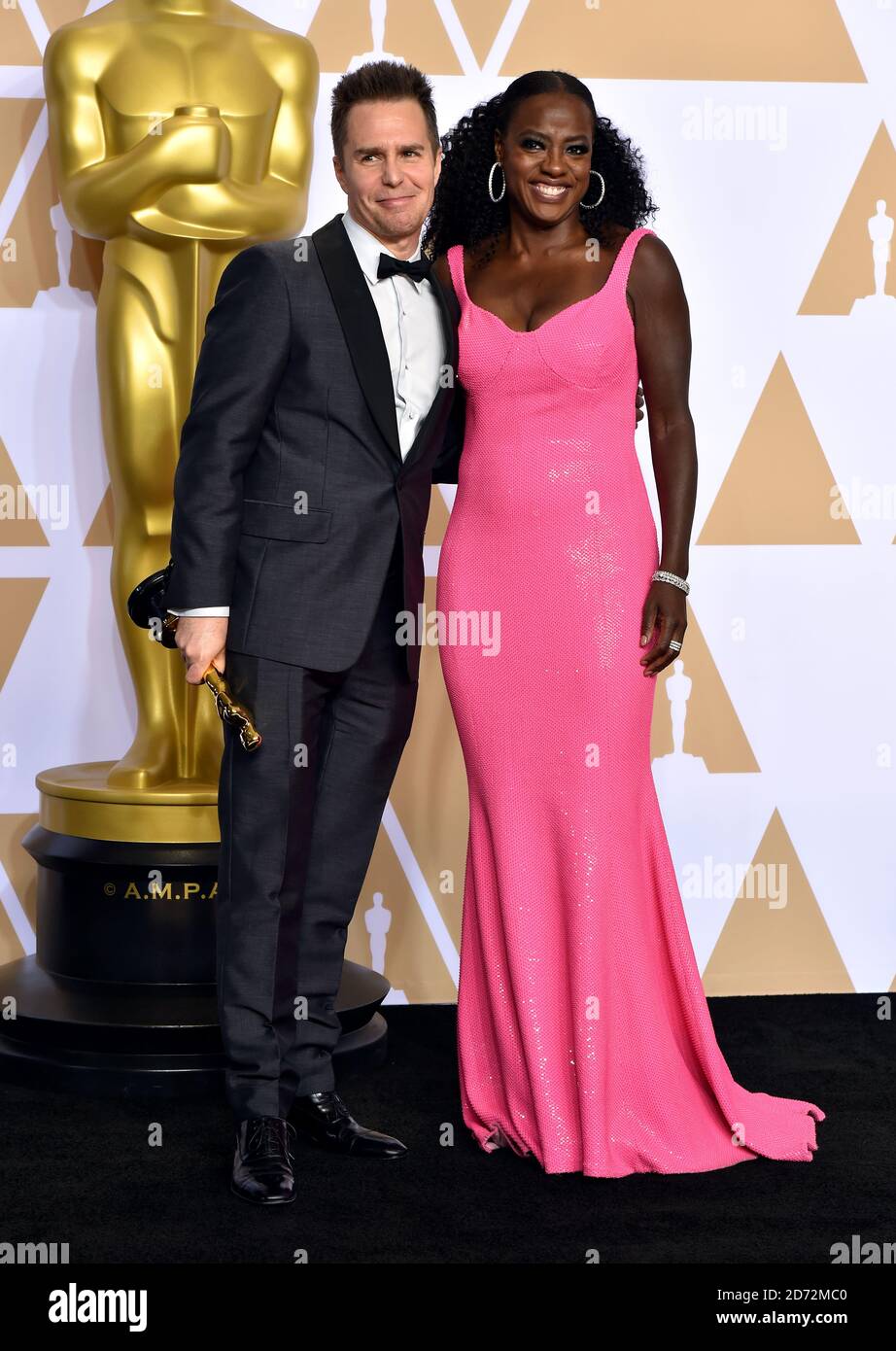 Sam Rockwell with his best supporting actor Oscar for Three Billboards Outside Ebbing, Missouri alongside Viola Davis in the press room at the 90th Academy Awards held at the Dolby Theatre in Hollywood, Los Angeles, USA.Â Photo credit should read: Matt Crossick/EMPICS Entertainment Stock Photo