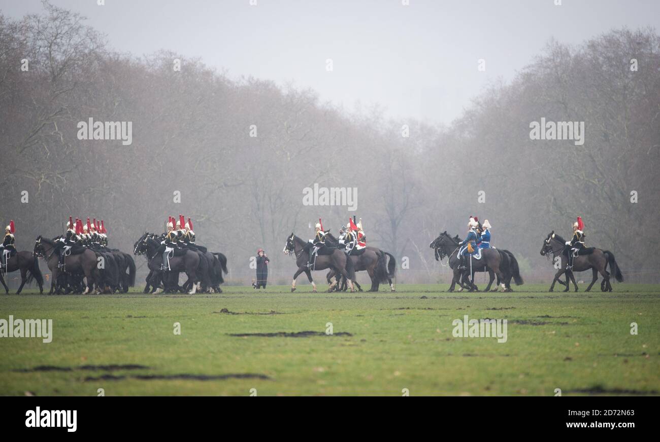 The Household Cavalry Mounted Regiment parade in Hyde Park, London, as part of the annual Major General's inspection. The inspection tests the regiment's readiness to conduct state ceremonial duties for the coming year. Picture date: Thursday March 15th, 2018 Photo credit should read: Matt Crossick/ EMPICS Entertainment. Stock Photo