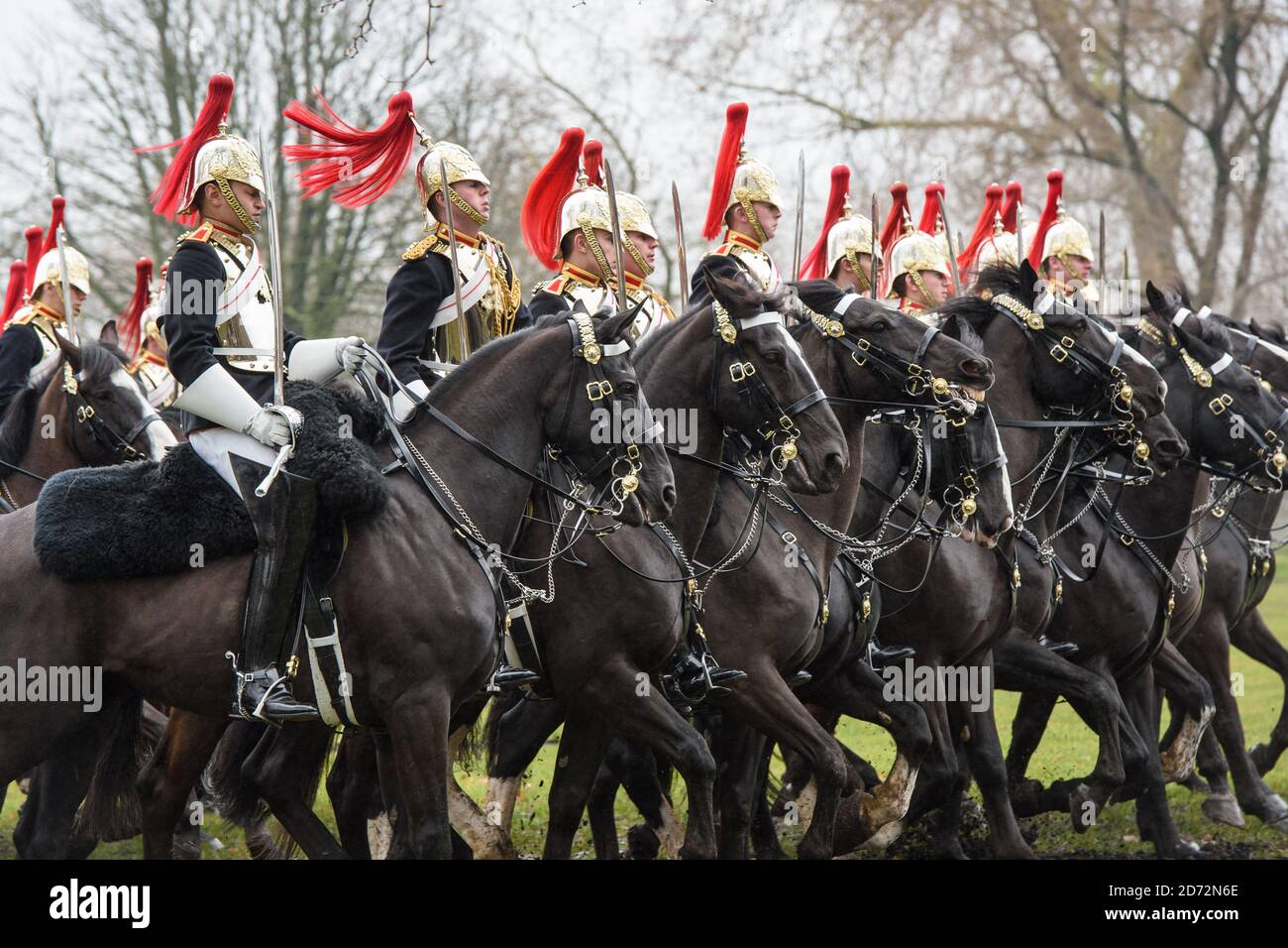 The Household Cavalry Mounted Regiment parade in Hyde Park, London, as part of the annual Major General's inspection. The inspection tests the regiment's readiness to conduct state ceremonial duties for the coming year. Picture date: Thursday March 15th, 2018 Photo credit should read: Matt Crossick/ EMPICS Entertainment. Stock Photo