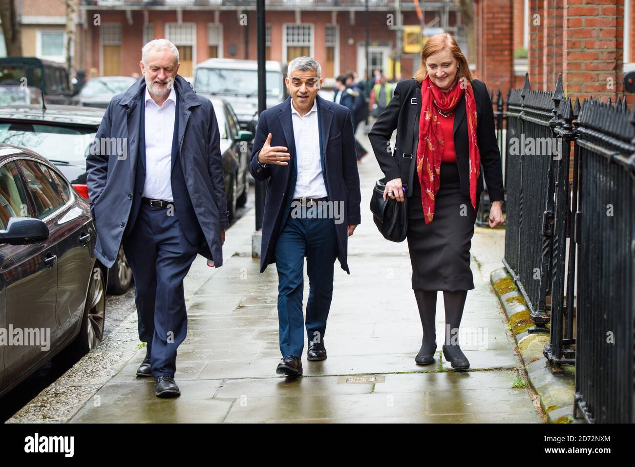 Labour leader Jeremy Corbyn, Mayor of London Sadiq Khan and Kensington MP Emma Dent Coad pictured in Elm Park Gardens, Chelsea, as they join a canvassing session with local Labour candidates ahead of the local elections. Picture date: Monday April 9th, 2018. Photo credit should read: Matt Crossick/ EMPICS Entertainment. Stock Photo