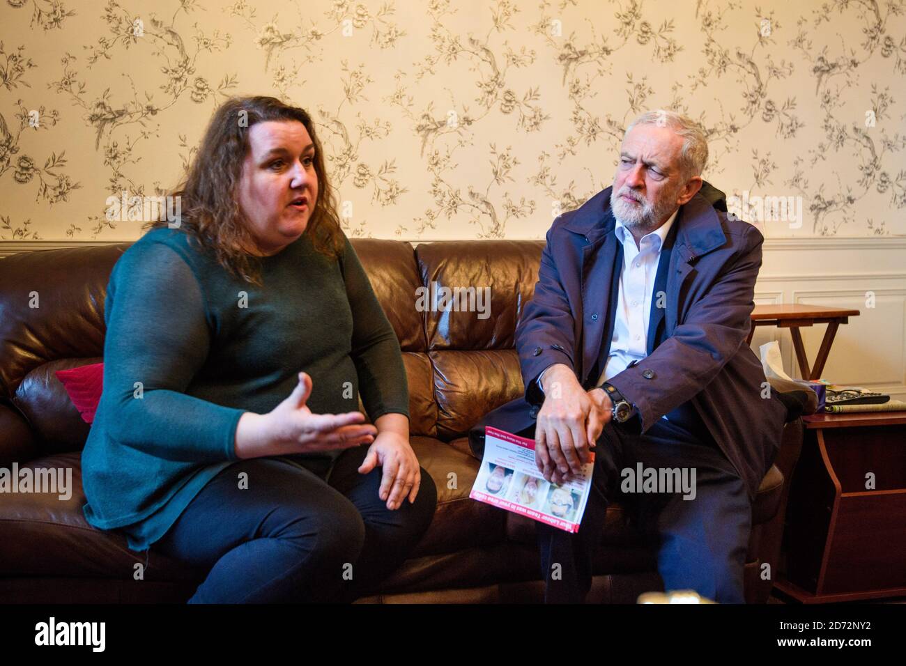 Labour leader Jeremy Corbyn talks to resident Lorna Sherlock in her home in Elm Park Gardens, Chelsea, as he joins a canvassing session with local Labour candidates ahead of the local elections. Picture date: Monday April 9th, 2018. Photo credit should read: Matt Crossick/ EMPICS Entertainment. Stock Photo