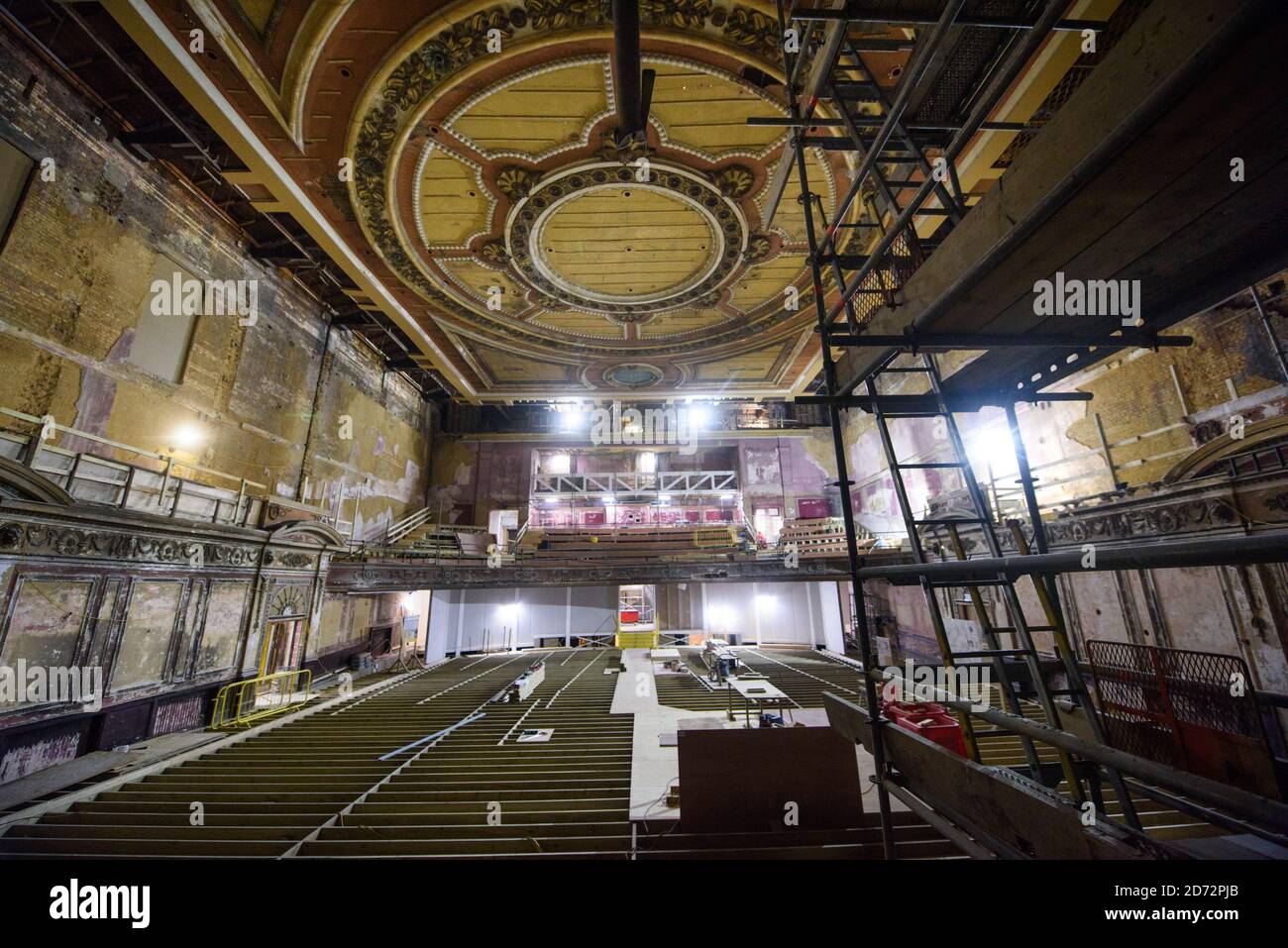 General view of the interior of Alexandra Palace Theatre in north London, as workmen carry out an Â£18.8 million restoration of the hidden Victorian building. The theatre, built in 1885, has been closed for more than 80 years, and is set to re-open after the summer, with a full programme of events announced for December. Picture date: Friday April 27th, 2018. Photo credit should read: Matt Crossick/ EMPICS Entertainment. Stock Photo