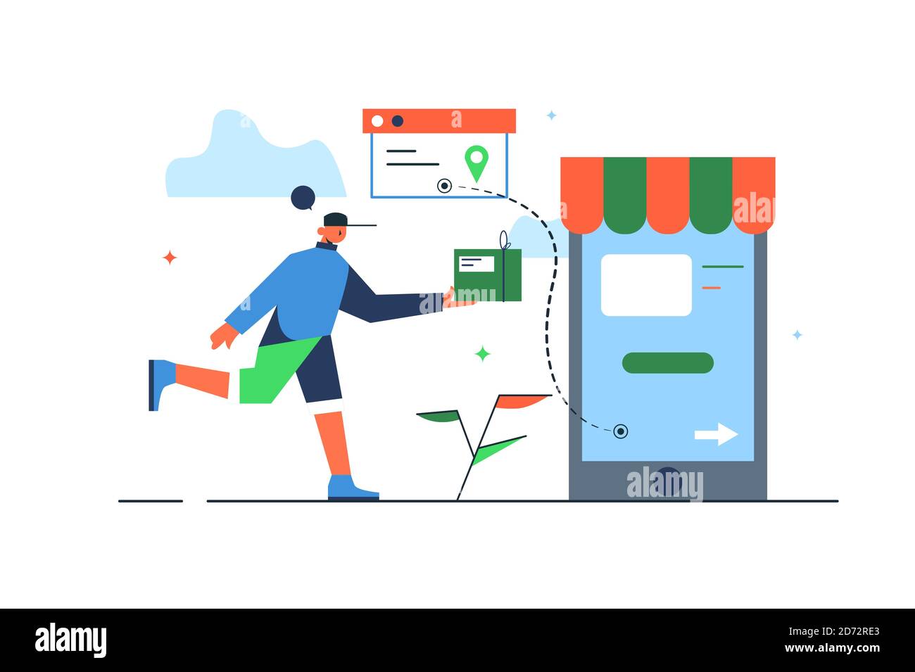 Concept guy courier delivers goods ordered through a mobile store Stock Vector