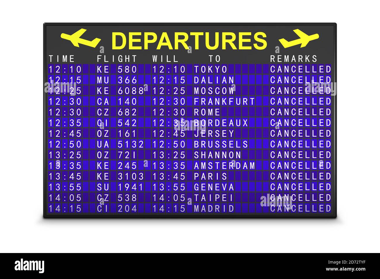 airport departure board with canceled flights. 3d render. Stock Photo