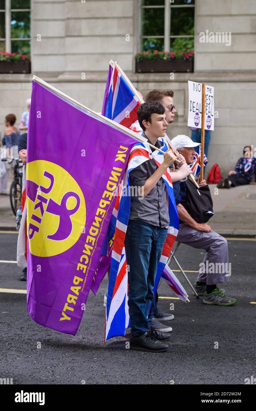 Pro-Brexit demonstrators on the UK Unity and Freedom march in Westminster, London, on the same day as a large anti-Brexit demonstration in Parliament Square. Picture date: Saturday 23rd June, 2018. Photo credit should read: Matt Crossick/ EMPICS Entertainment. Stock Photo