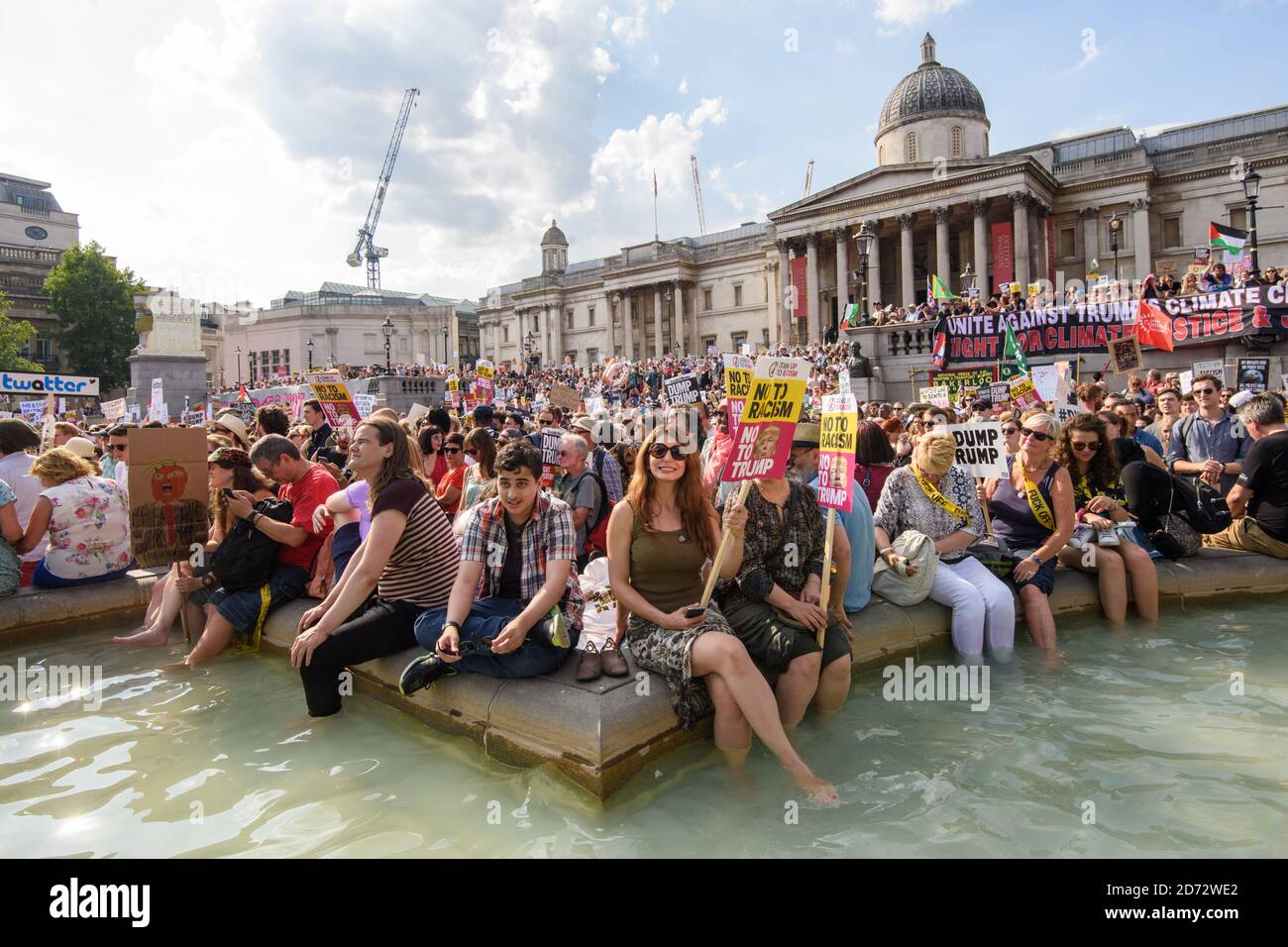 'Stop Trump' demonstrators in Trafalgar Square, London, as part of the protests against the visit of US President Donald Trump to the UK. Picture date: Friday July 13th, 2018. Photo credit should read: Matt Crossick/ EMPICS Entertainment. Stock Photo