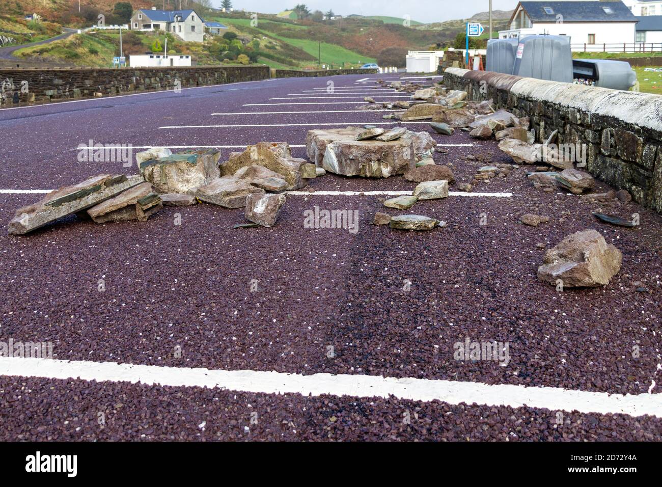 Storm damage to sea wall, West Cork, Ireland Stock Photo