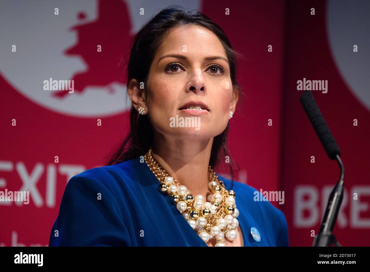 Priti Patel speaking at a fringe event organised by Brexit Central, during the Conservative Party annual conference at the International Convention Centre, Birmingham. Picture date: Sunday September 30th, 2018. Photo credit should read: Matt Crossick/ EMPICS. Stock Photo