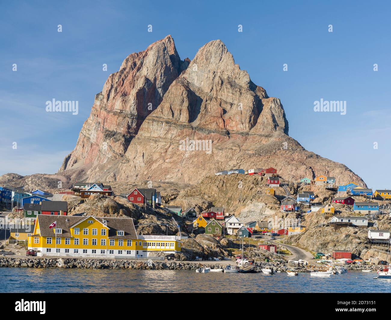 Small town Uummannaq in the north of west greenland.   America, North America, Greenland, Denmark Stock Photo