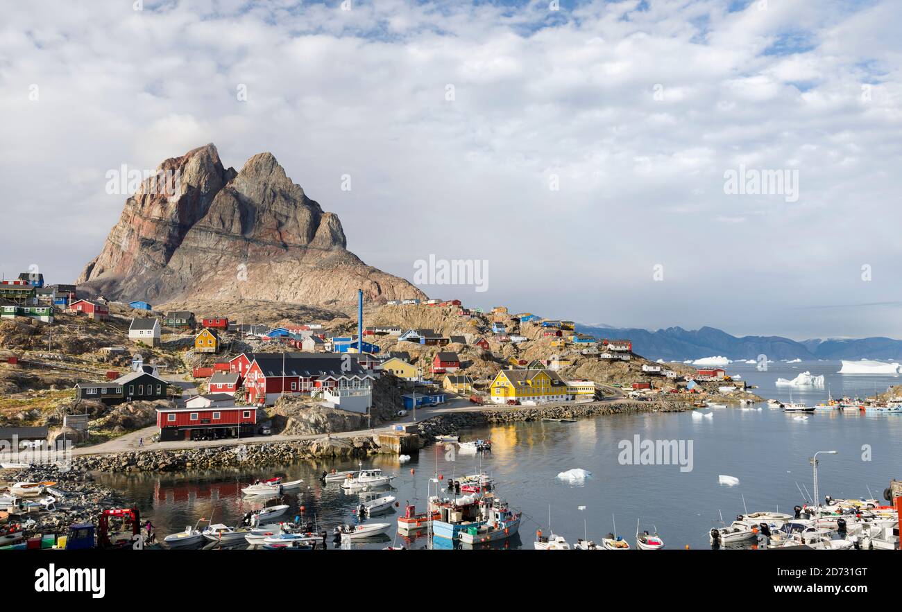 The harbour with typical fishing boats. Small town Uummannaq in the north of west greenland.   America, North America, Greenland, Denmark Stock Photo