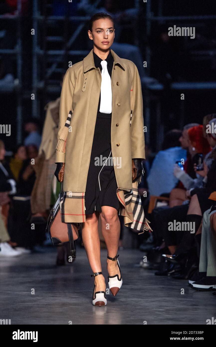 Irina Shayk on the catwalk during the Burberry fashion show, held at Tate  Modern, as part of London Fashion Week A/W 2019. Picture date: Sunday  February 17, 2018. Photo credit should read: