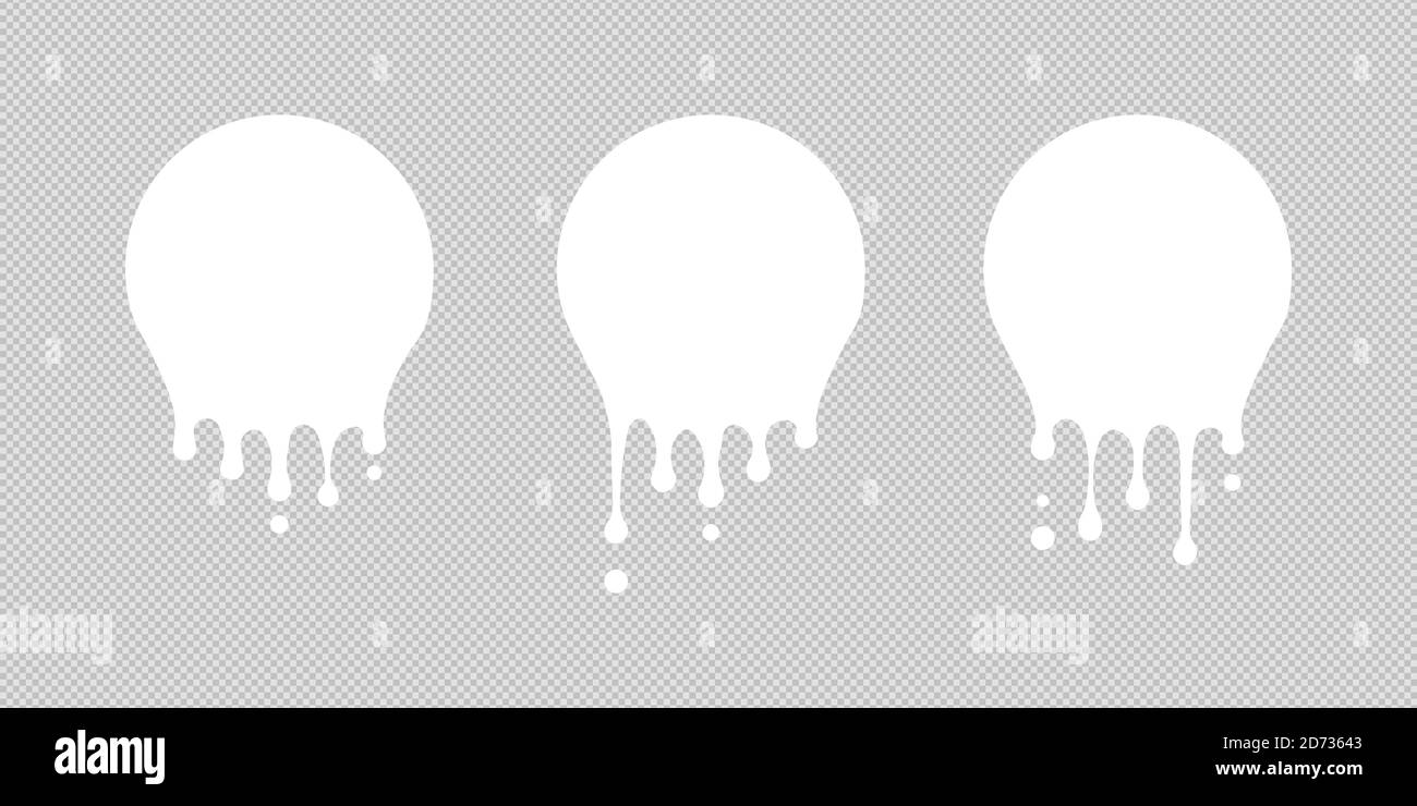 Paint drip stickers, circle white melt drop vector icons. Vector milk circle melt drops