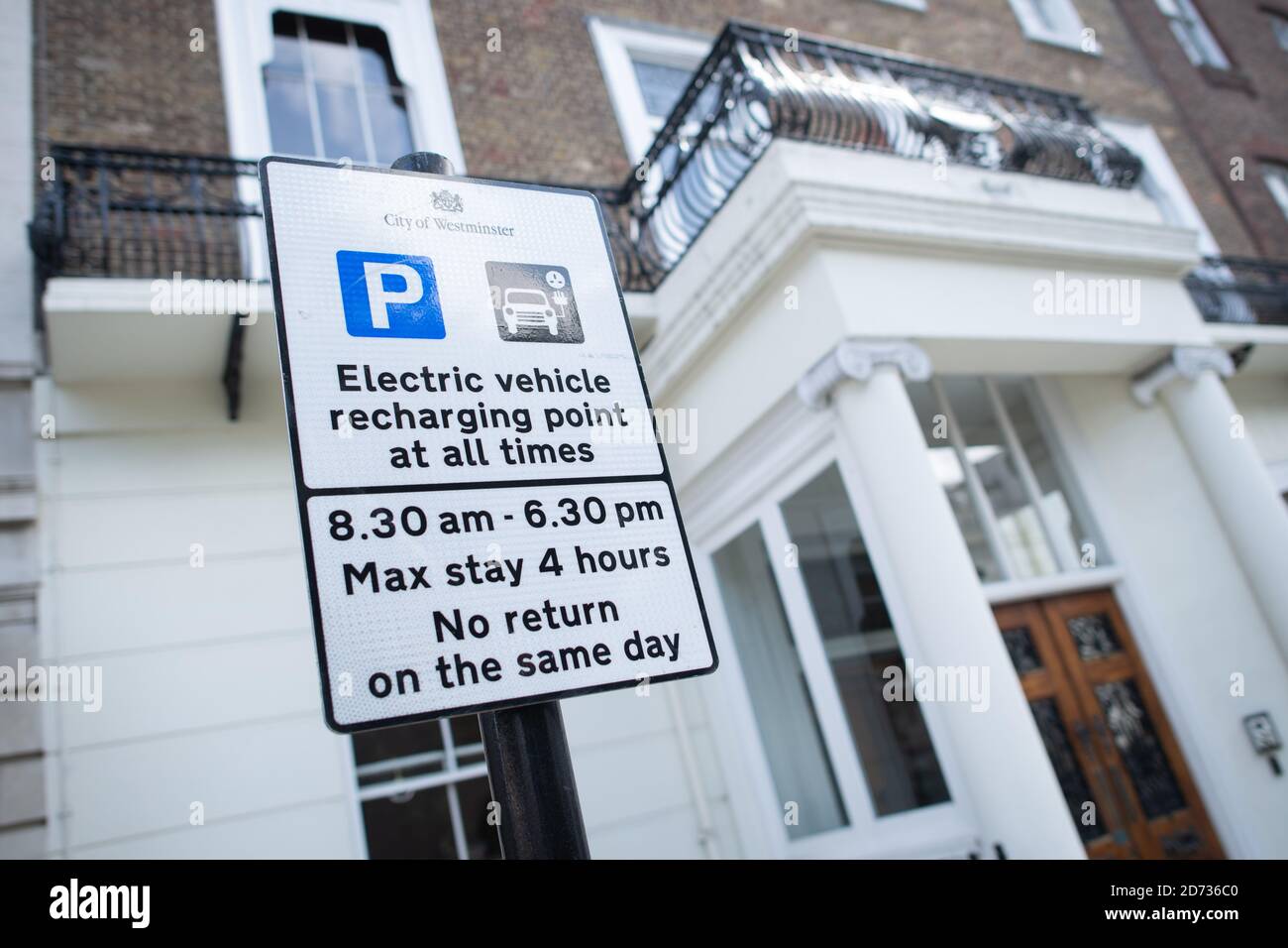 General view of an electic car parking and charging bay, in Westminster