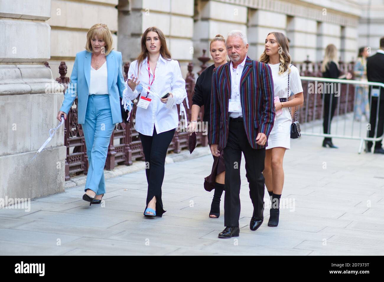 Jackie Adams, Anthony Adams and Louise Adams arriving at the Victoria Beckham catwalk show, during Spring/Summer 2020 London Fashion Week, at the Foreign and Commonwealth Office, London. Picture date: Sunday September 15, 2019. Photo credit should read: Matt Crossick/Empics Stock Photo