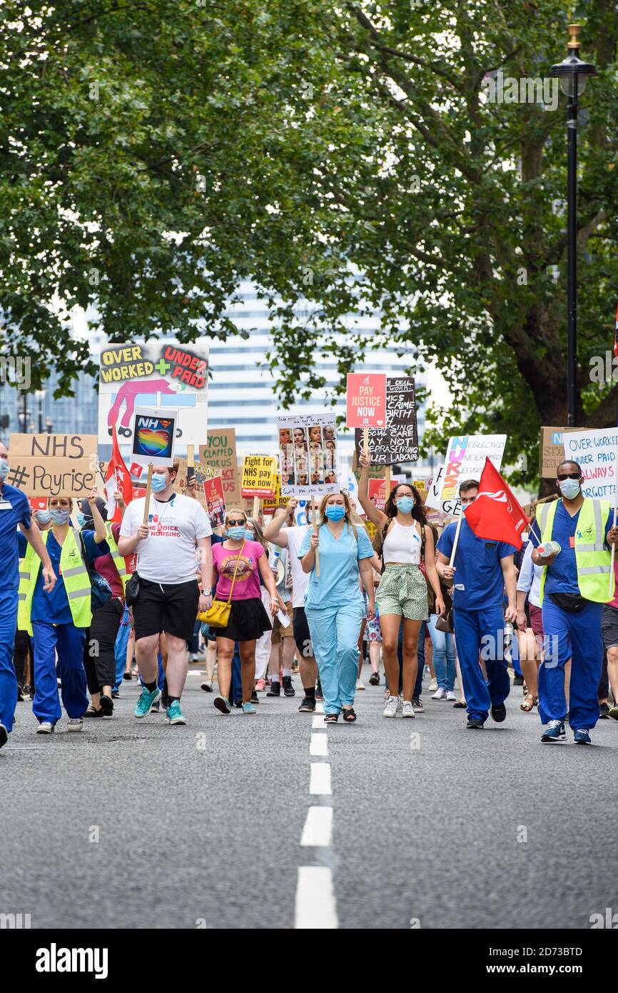 Nurses, health workers, and supporters demonstrate in Westminster, London, calling on the government to give NHS staff a pay rise. Picture date: Saturday August 8, 2020. Photo credit should read: Matt Crossick/Empics Stock Photo