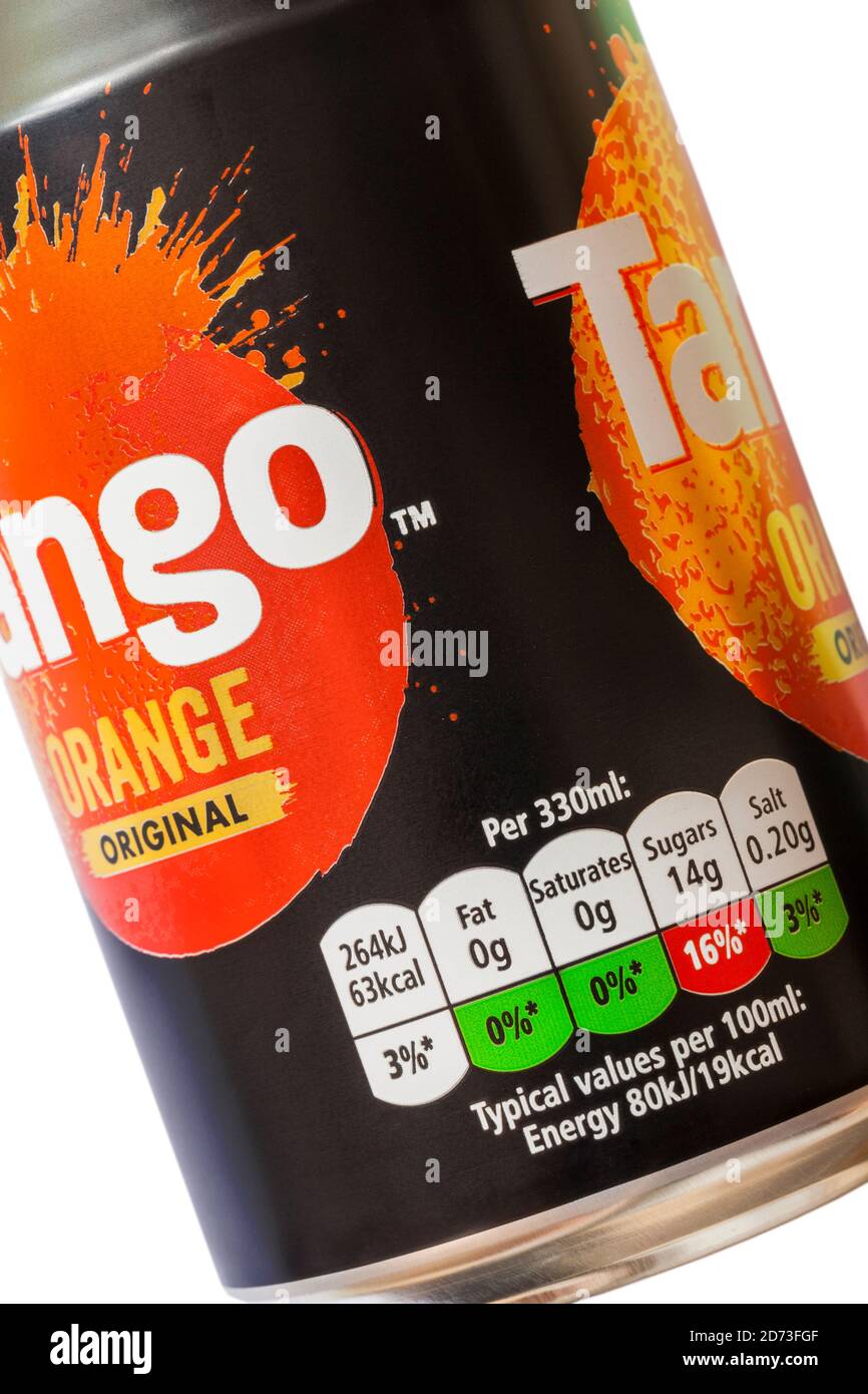 Nutritional information traffic light system labelling on can of Tango Orange original drink - colour coded Stock Photo