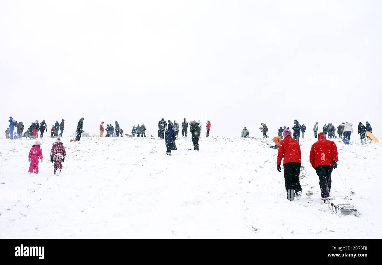 People toboggan on Hampstead Heath after heavy snow shuts schools and