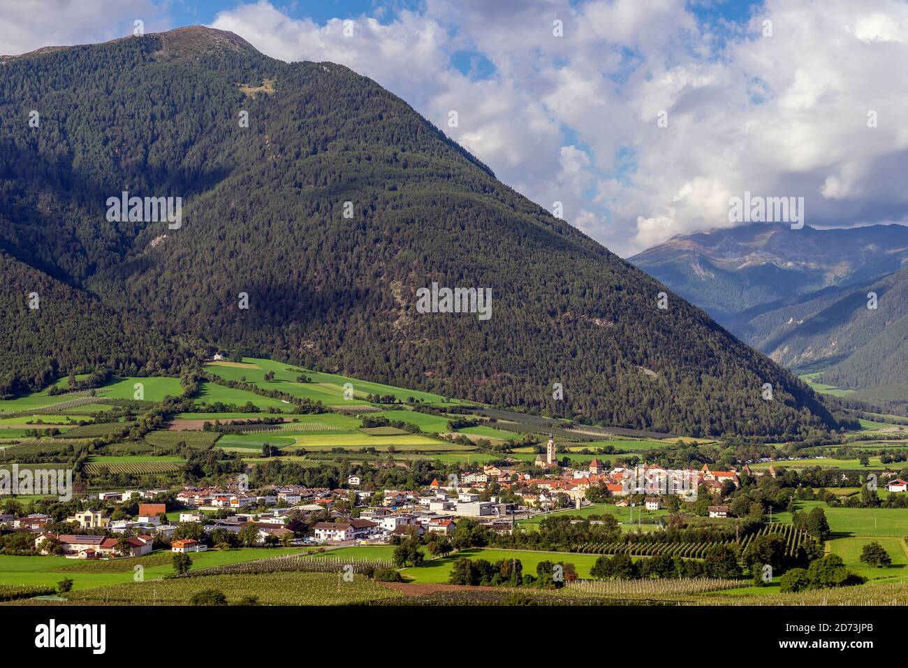 Aerial view of Glorenza and its green surroundings in the Val Venosta area, South Tyrol, Italy Stock Photo