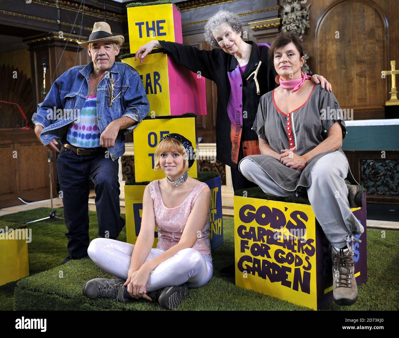 (l-r) Roger Lloyd Pack, Lucy Briggs-Owen, Margaret Atwood and Diana Quick appearing at a photocall to promote The Year Of The Flood Event, a book launch and dramatic presentation of her novel taking place at St James's Church in central London. Stock Photo