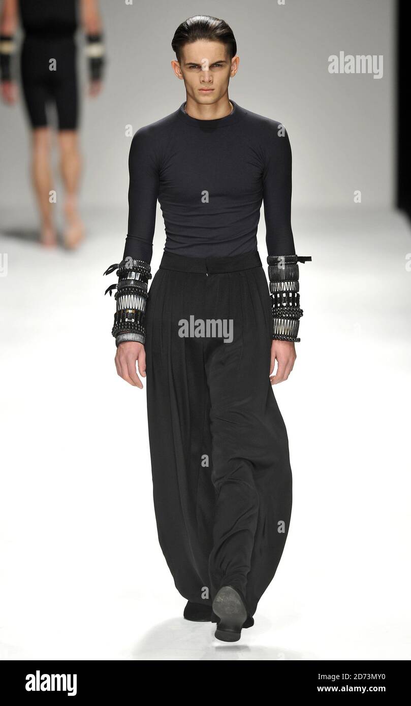 A model wearing a design by Anderson during the MAN fashion show, held at the BFC venue in 