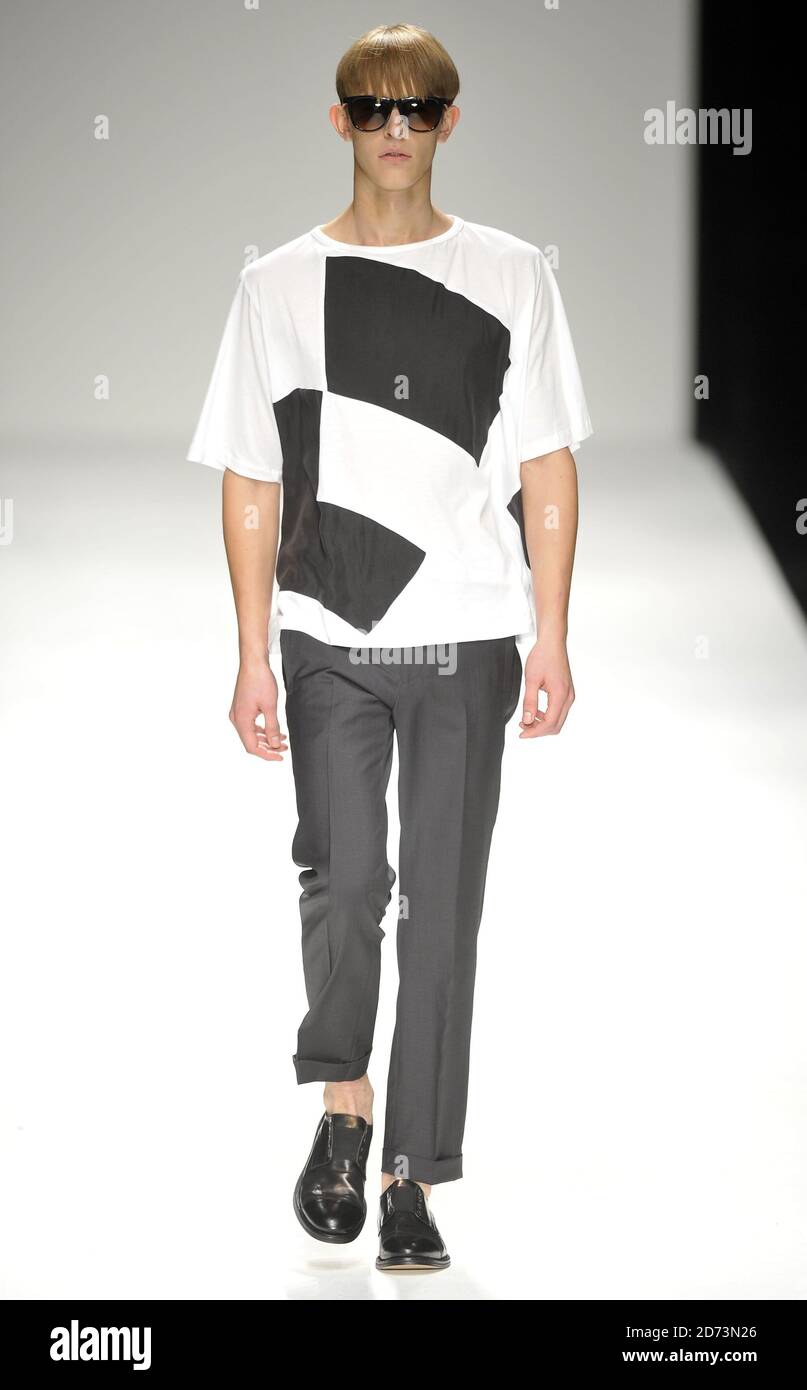 A model wearing a design by Top Man Design during the MAN fashion show, held at the BFC venue in 