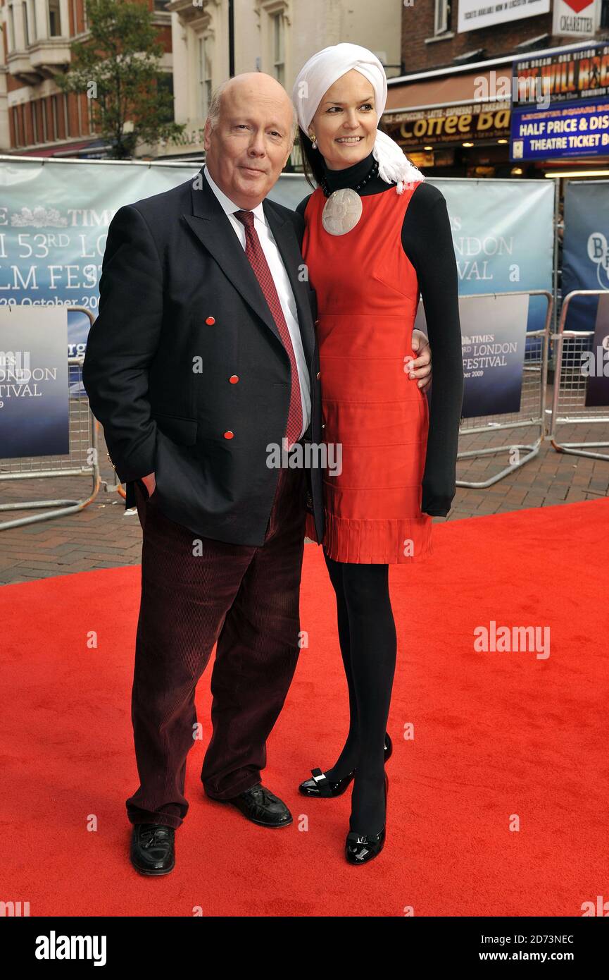 Julian Fellowes and wife Emma arrive at the premiere of From Time to Time, part of the BFI 53rd London Film Festival, held at the Vue cinema in Leicester Square.  Stock Photo