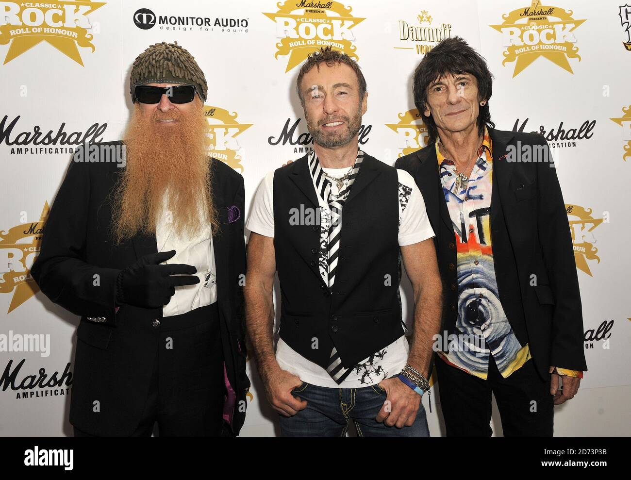 (l-r) Billy Gibbons, Paul Rodgers and Ronnie Wood arrive at the Classic Rock Roll of Honour Awards 2009 held at the Park Lane Hotel in central London. Stock Photo