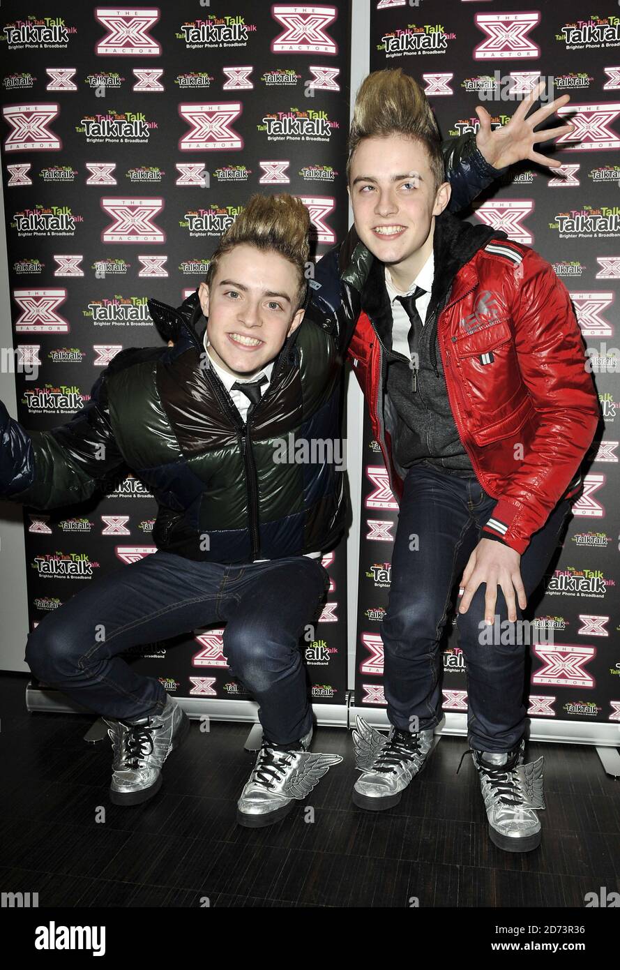 John and Edward make their first formal public appearance since getting  booted off the X Factor show last week and perform at the TalkTalk Head  Office in West London Stock Photo -