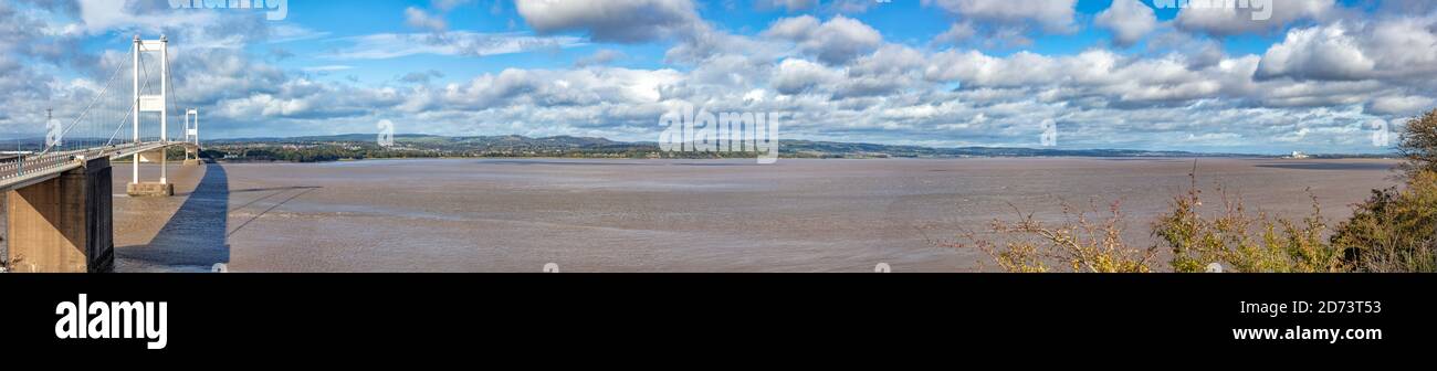 Panoramic view of the original Severn Bridge and River Severn, Aust. South Gloucestershire, England, United Kingdom Stock Photo