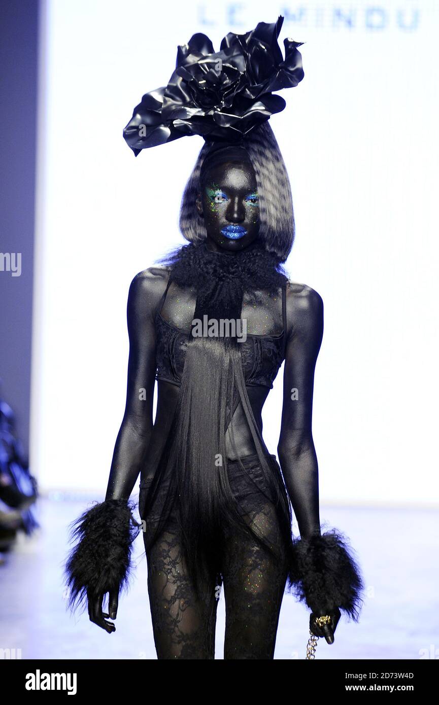 A model on the catwalk at the Charlie Le Mindu fashion show, held