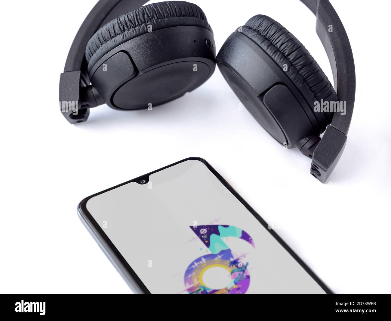 Lod Israel July 8 2020 Black mobile smartphone with Mi Music