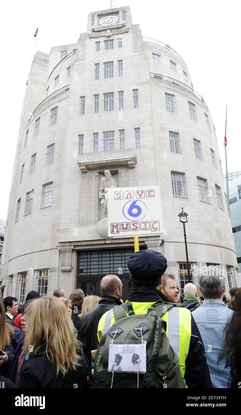 Protesters demonstrate outside the BBC Radio building in Portland Place, central  London, to protest against the planned closure of BBC 6 Music Stock Photo -  Alamy