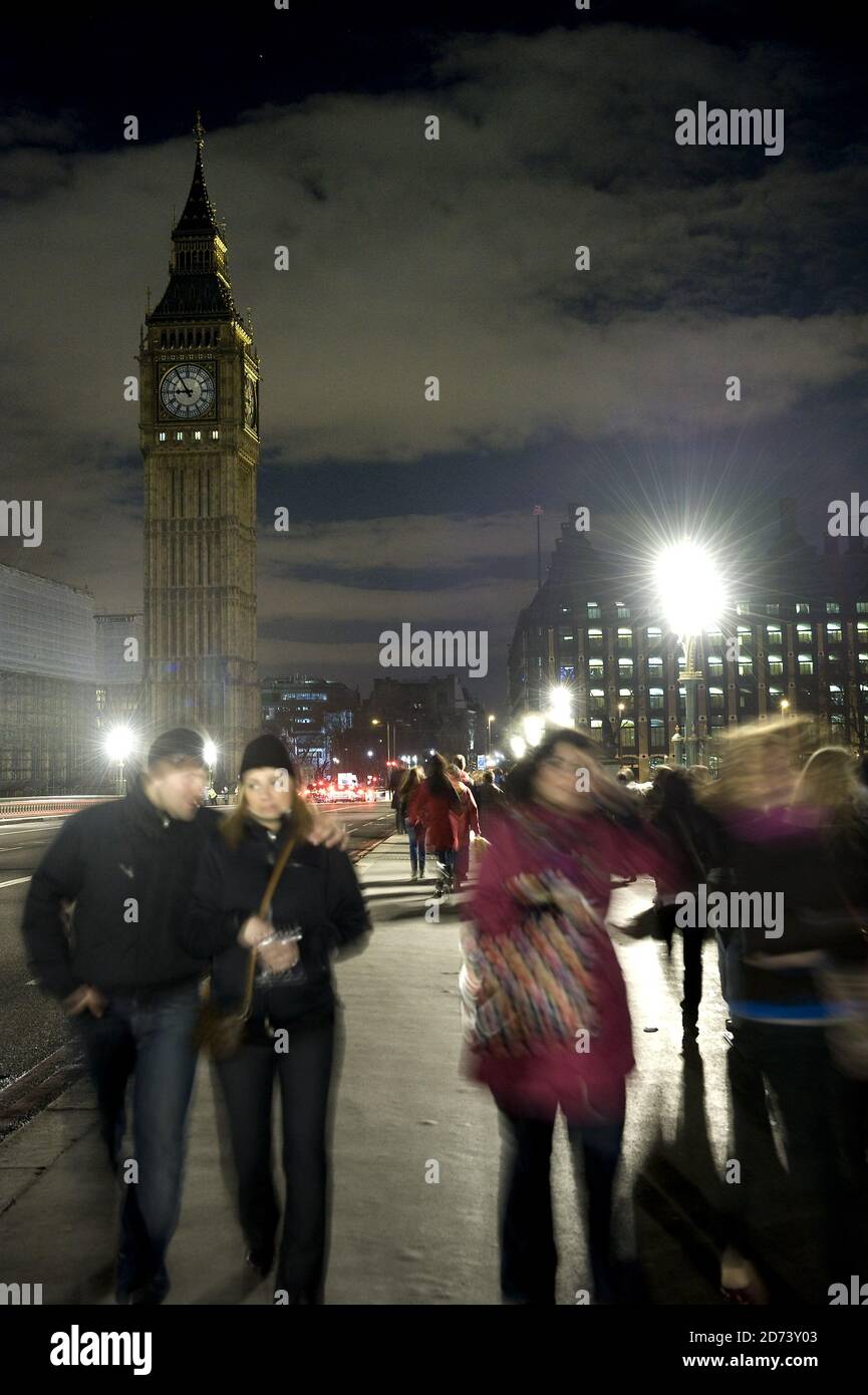 The Houses of Parliament, London, seen in darkness as the lights were turned off to mark WWF's Earth Hour.  Stock Photo