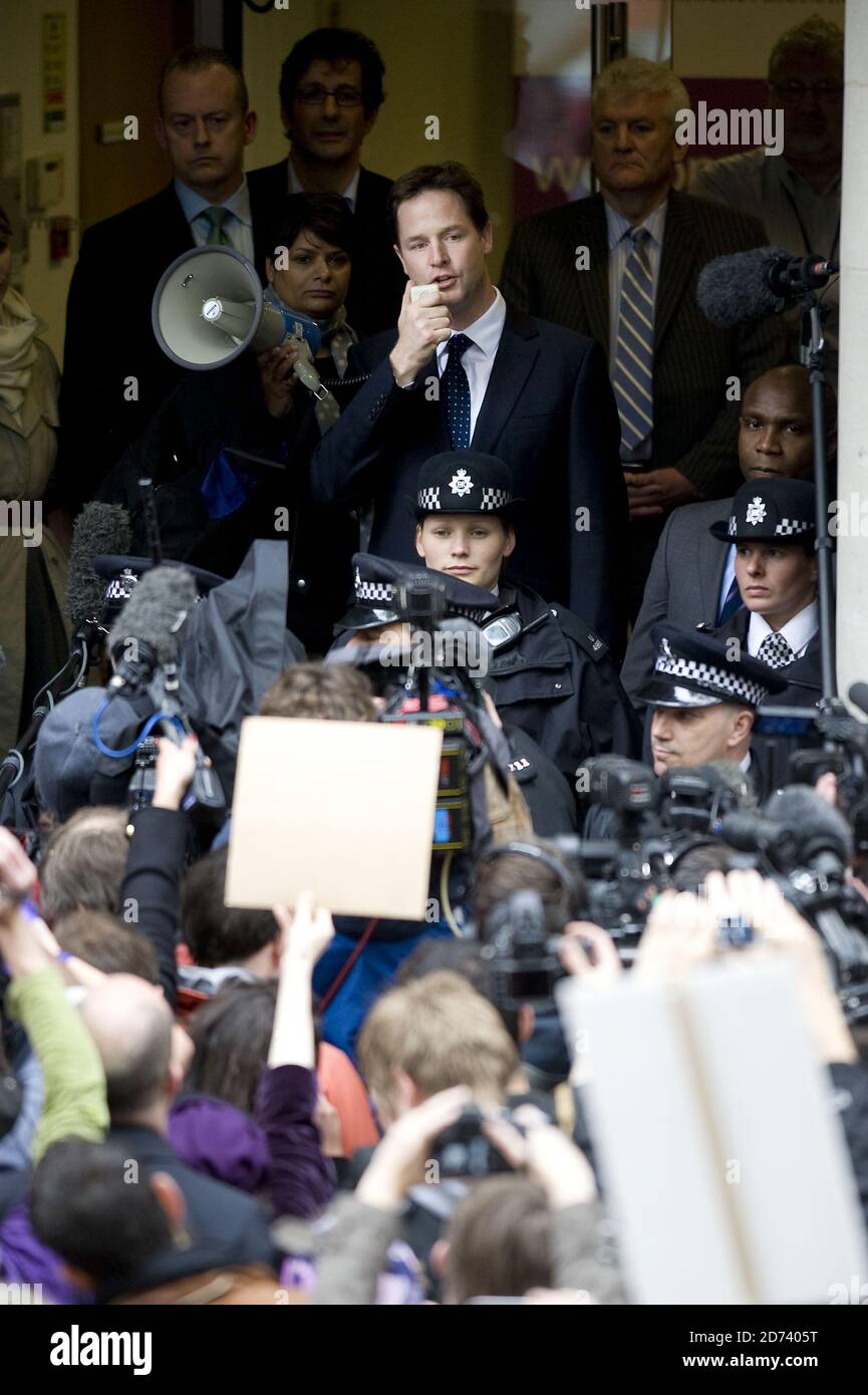 Nick Clegg speaks to electoral reform demonstrators gathered in Smith Square in Westminster, outside the Liberal Democrats meeting at the LGA building. Picture date: 8 May 2010. M Crossick/EMPICS Stock Photo
