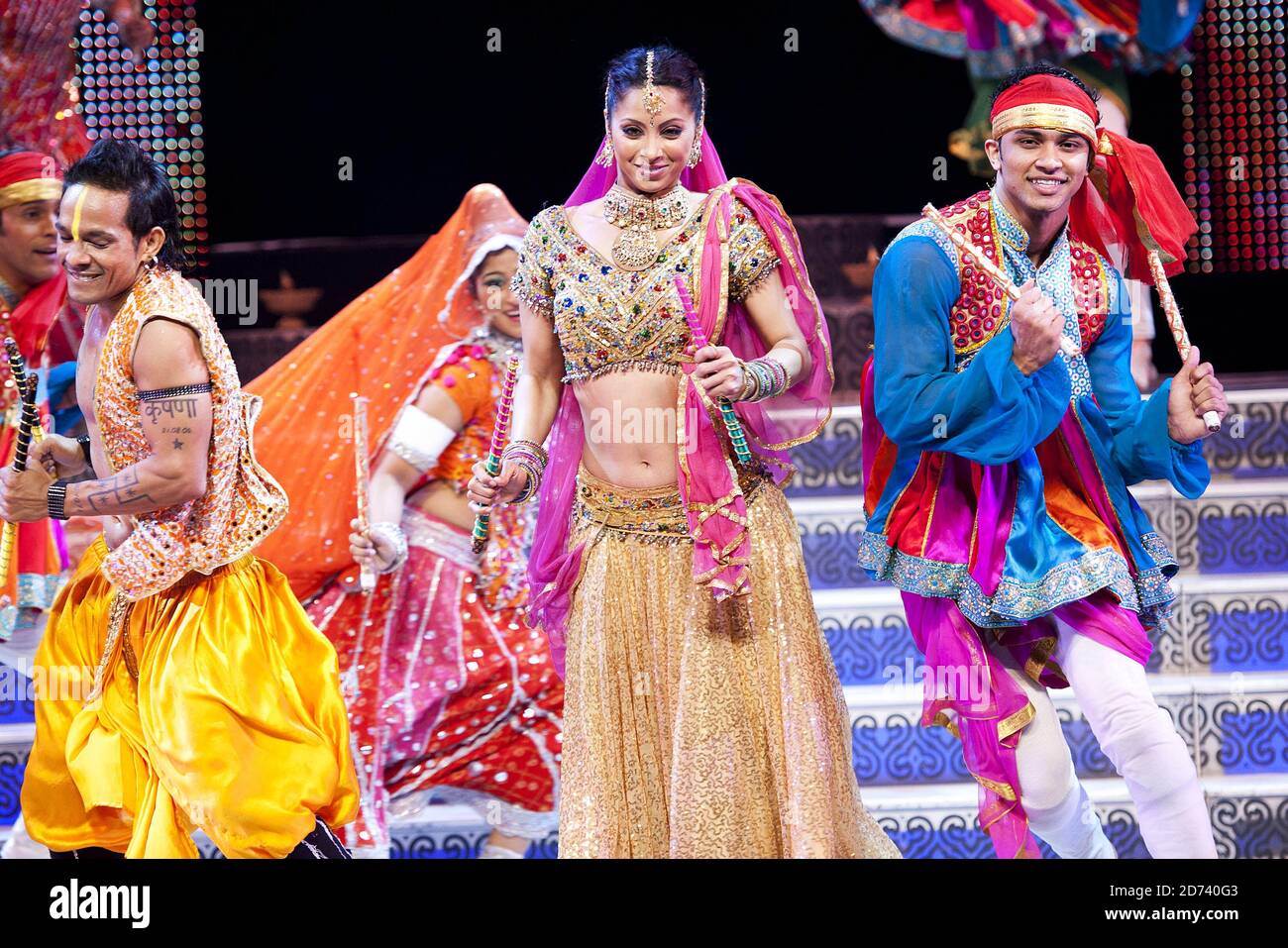 Dancer Carol Furtado (centre) performs scenes from the Merchants of Bollywood, at the Peacock Theatre in central London.  Stock Photo