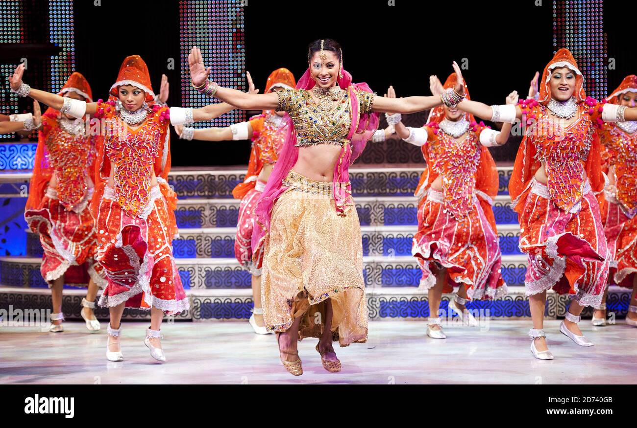 Dancer Carol Furtado (centre) performs scenes from the Merchants of Bollywood, at the Peacock Theatre in central London.  Stock Photo