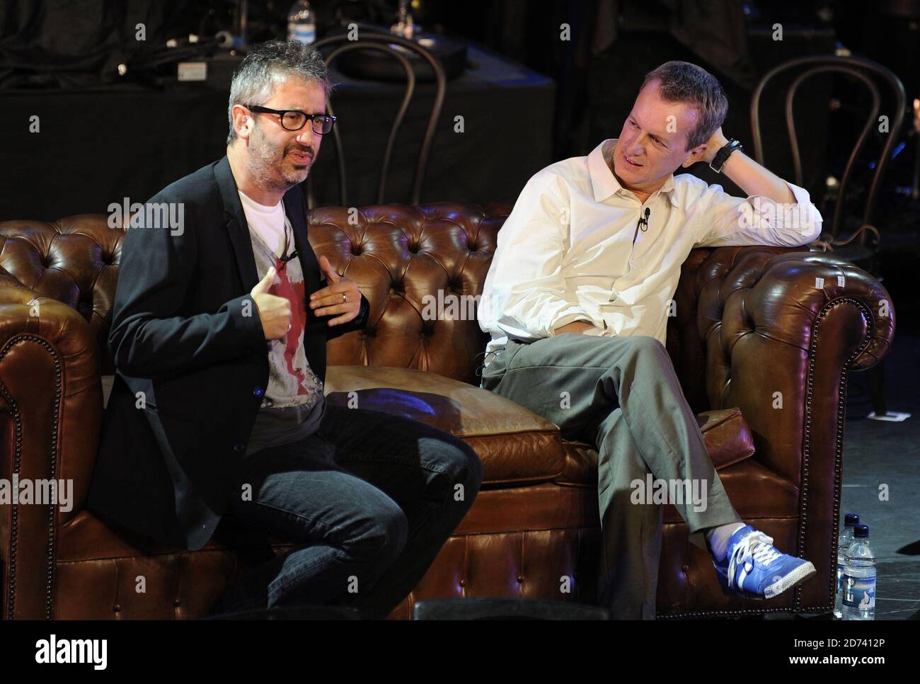 David Baddiel and Frank Skinner on stage at the Absolute Radio South Africa Send Off Party, at the Lyric Theatre in central London.  Stock Photo