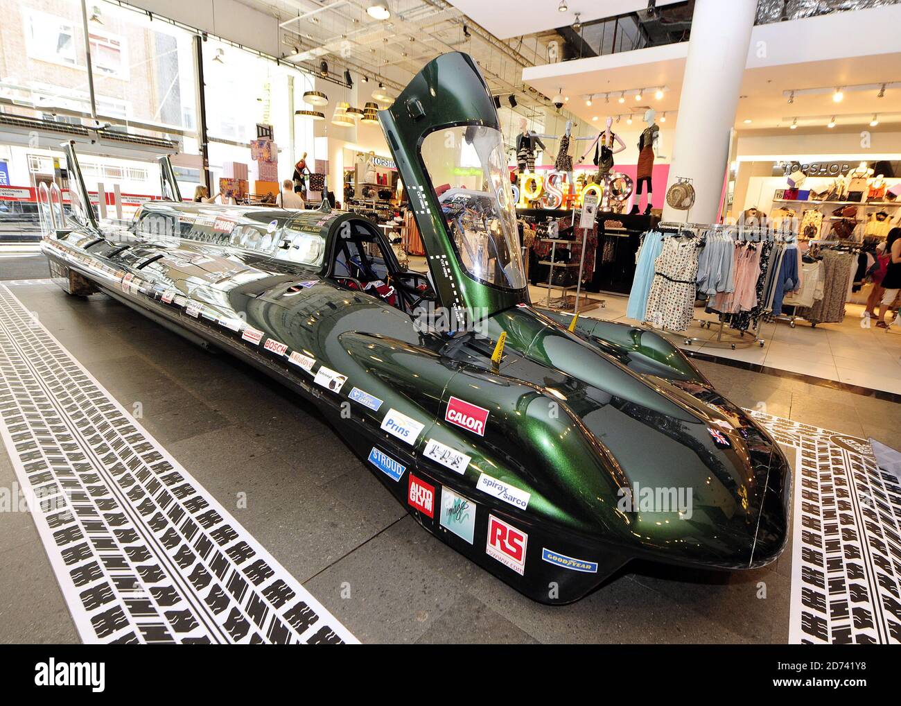 The British Steam Car on display in Selfridge's store in central London. The car broke the land speed record for a steam-powered vehicle, reaching 139 mph in August 2009, and will be on display at Selfridge's all week.  Stock Photo