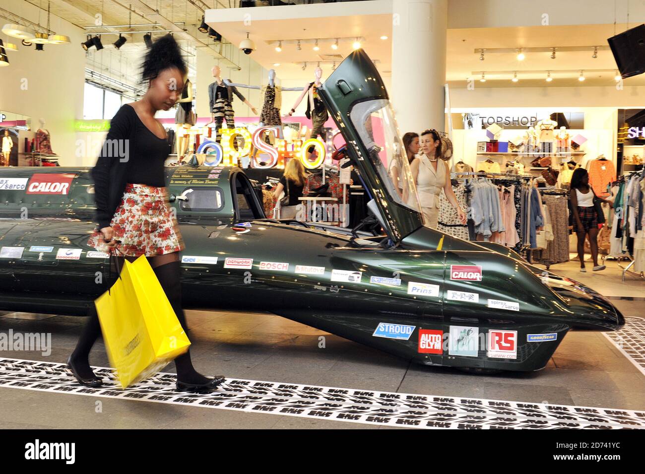 The British Steam Car on display in Selfridge's store in central London. The car broke the land speed record for a steam-powered vehicle, reaching 139 mph in August 2009, and will be on display at Selfridge's all week.  Stock Photo