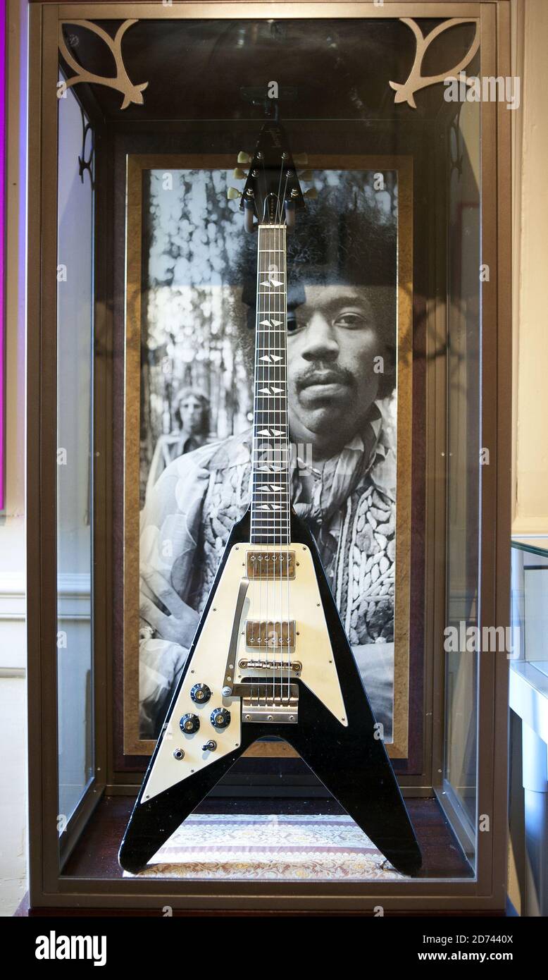 A custom Gibson Flying V guitar exhibited in the Hendrix in Britain  exhibition, at the Handel House museum in central London Stock Photo - Alamy